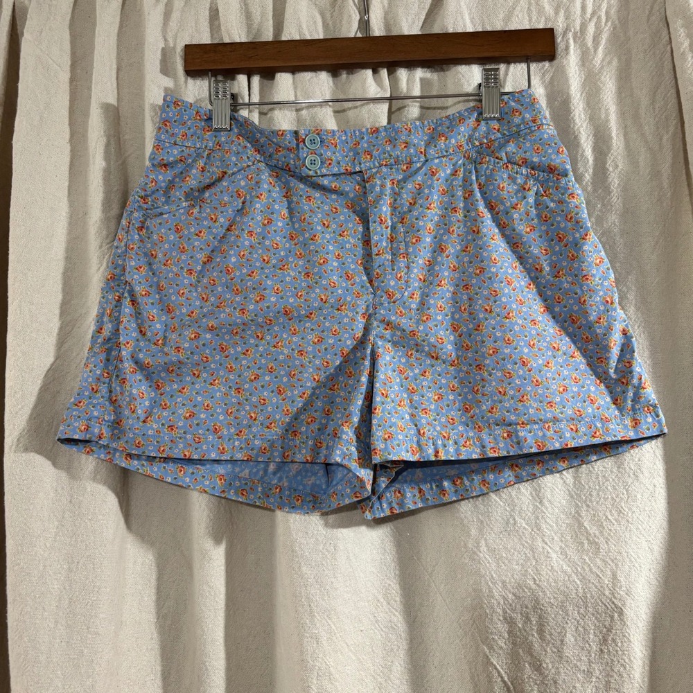 Ralph‎ Lauren Floral Chino Shorts Blue Rose Print Cotton Stretch Size 10 Vintage
